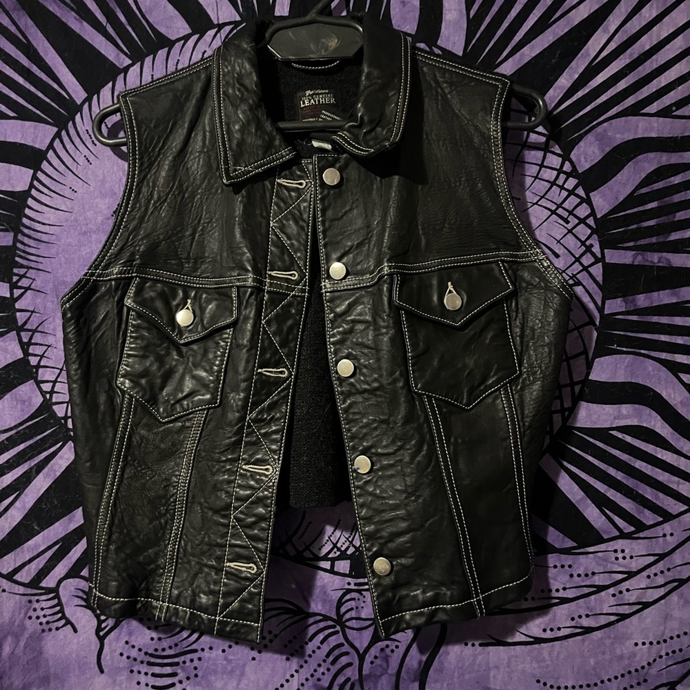 Black Leather Vest with White Stitching